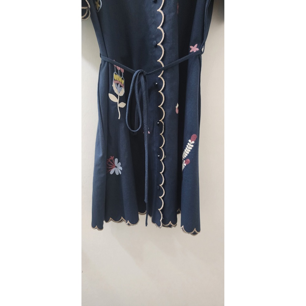 MABLE Navy Blue Embroidered‎ Scalloped Linen Blend Mini Shirt Dress MD4896A M - Picture 5 of 10